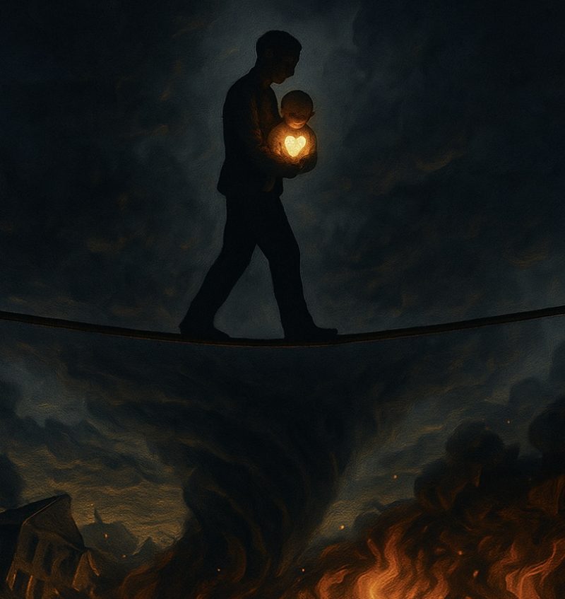 Figure on tightrope carrying a glowing heart