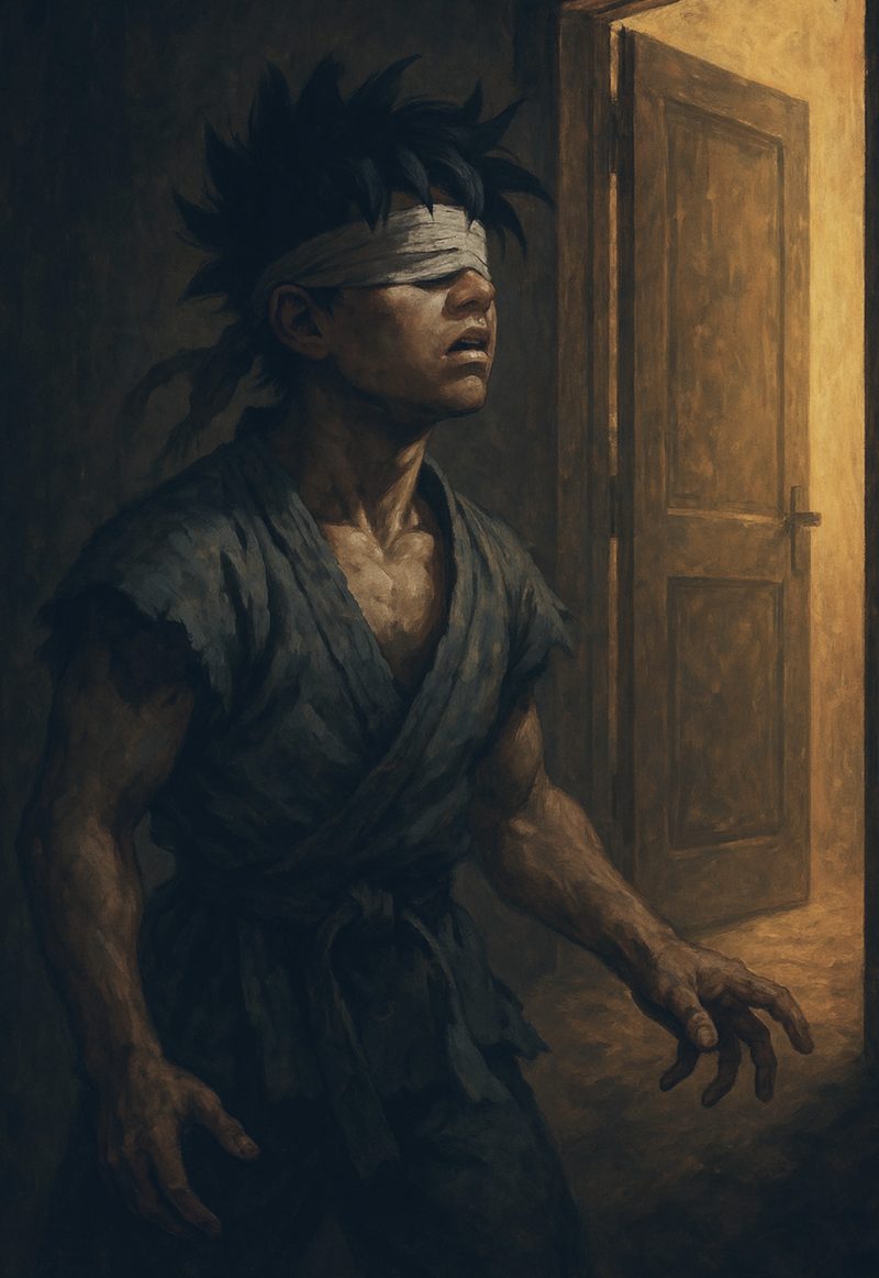 Blindfolded figure reaching toward a doorway