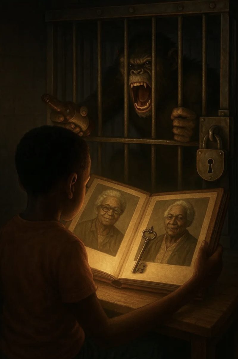Child holding photos facing a caged figure