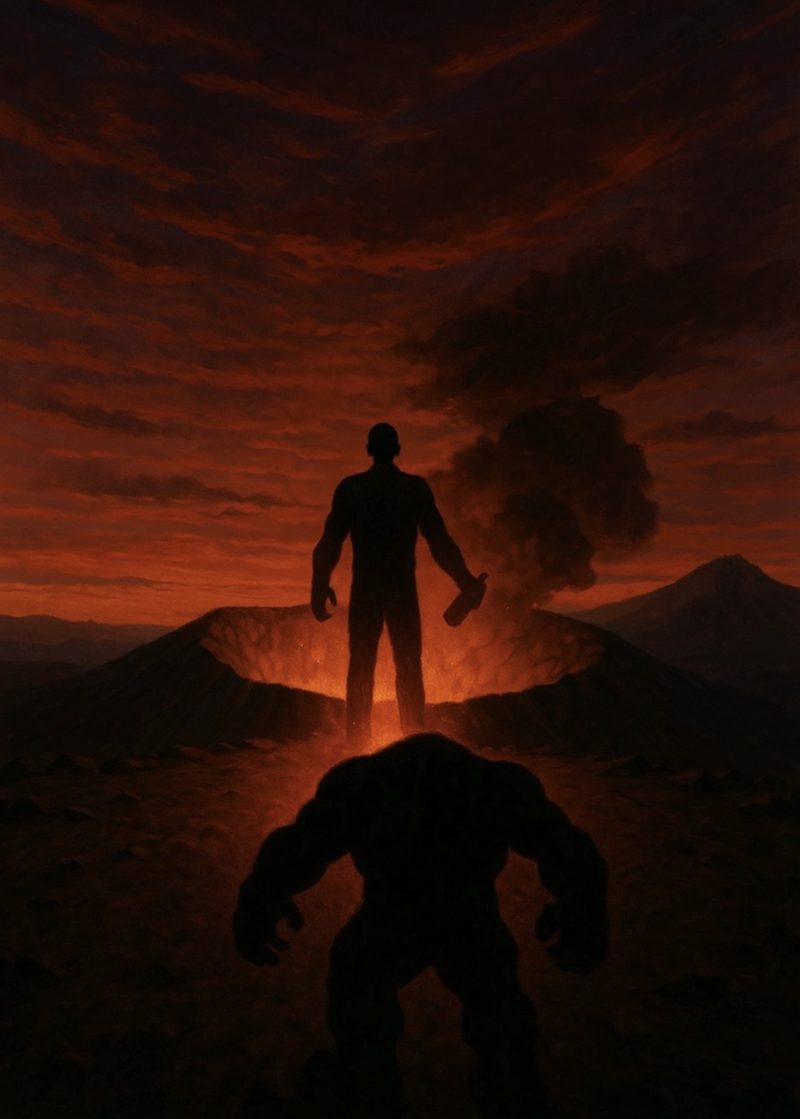 Silhouette facing a figure rising from fire